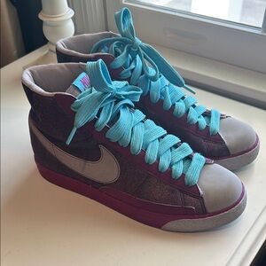 Nike Women's Blazer High Top sneakers purple colorway with turquoise laces